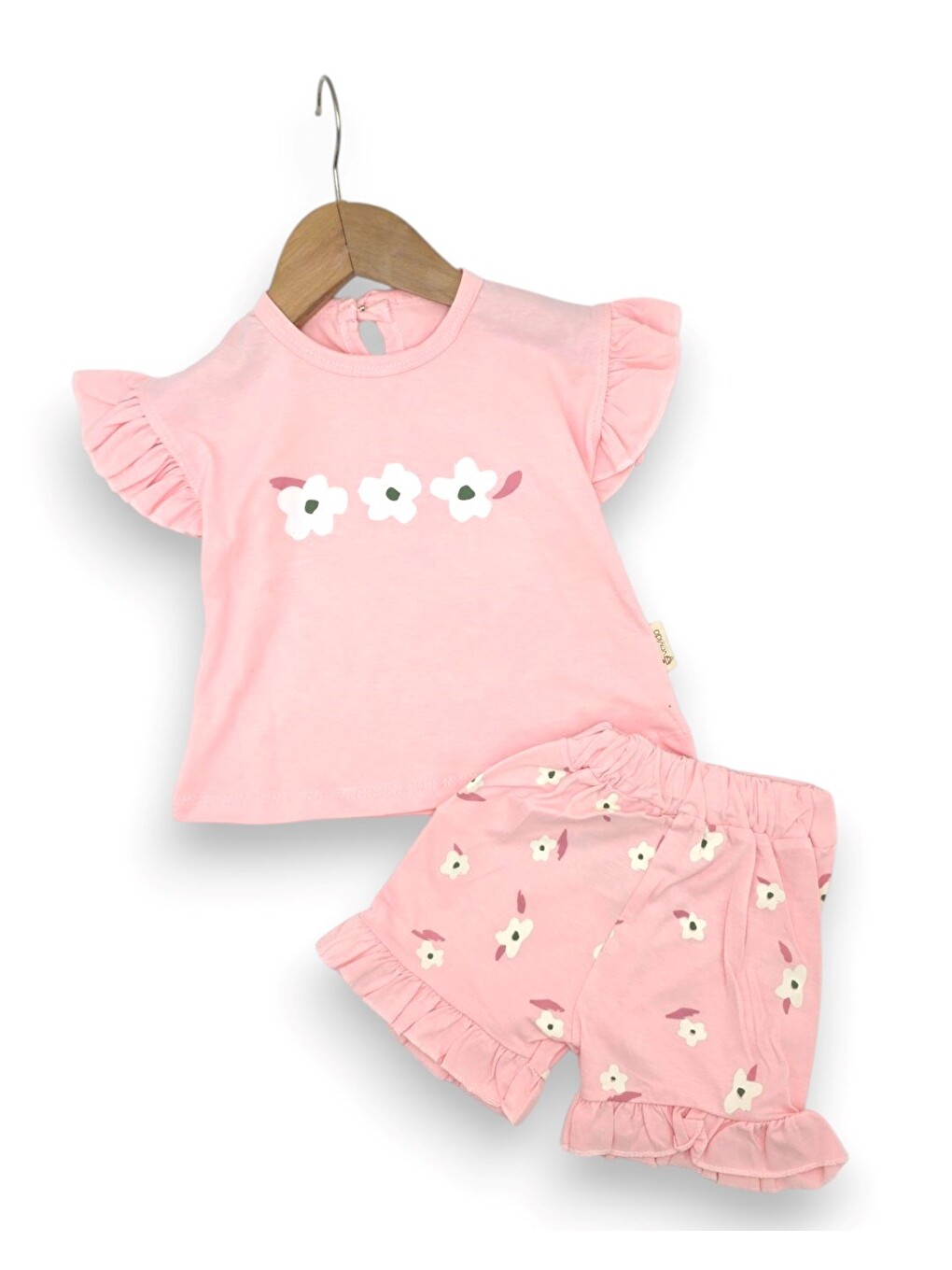 Pembe Kız Bebek Yazlık Çiçek Baskılı Şortlu T-shirtlü 2'li Alt Üst Takım-2