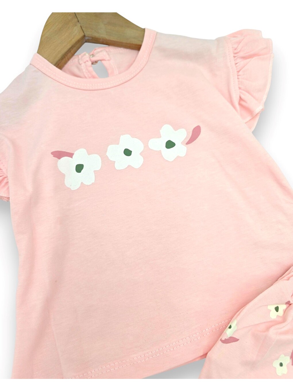 Pembe Kız Bebek Yazlık Çiçek Baskılı Şortlu T-shirtlü 2'li Alt Üst Takım-4
