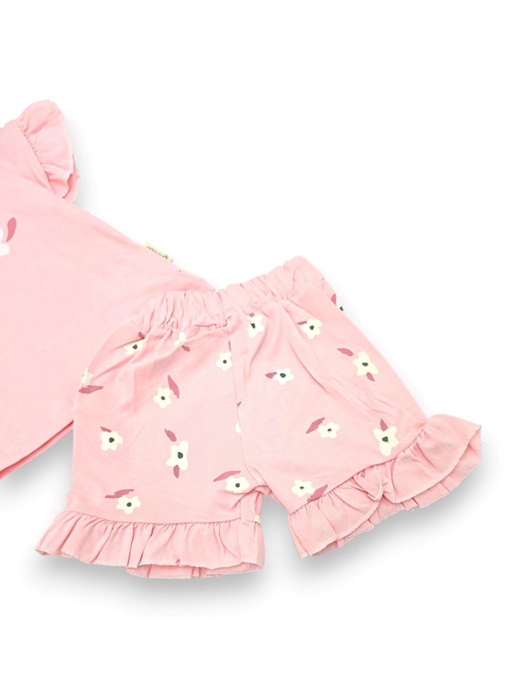 Pembe Kız Bebek Yazlık Çiçek Baskılı Şortlu T-shirtlü 2'li Alt Üst Takım-6