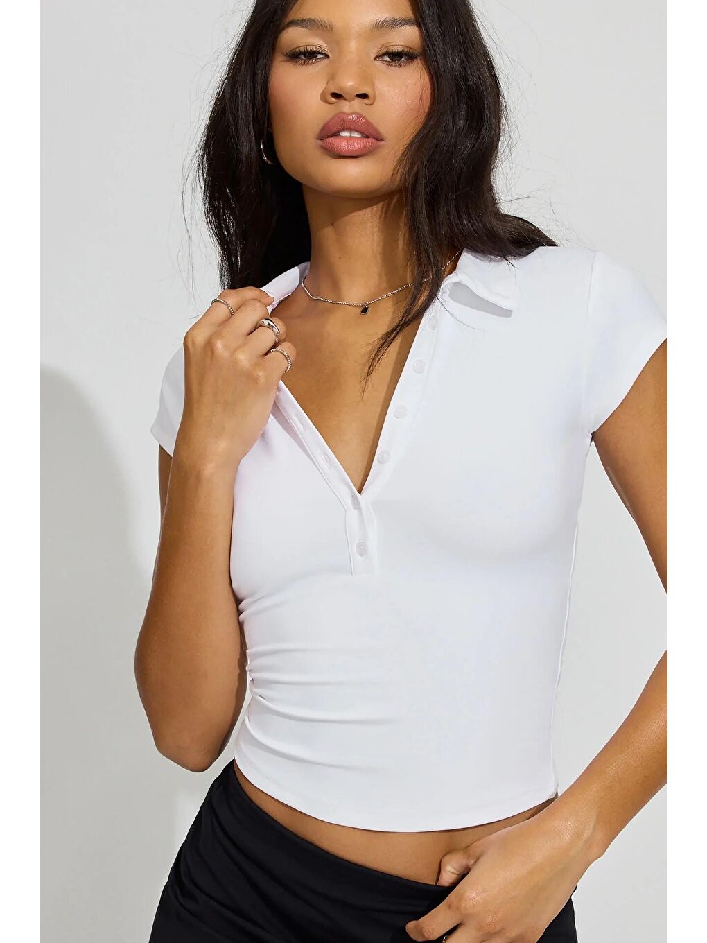 Beyaz Polo Yaka Basic Kadın Tişört Mg2455-5