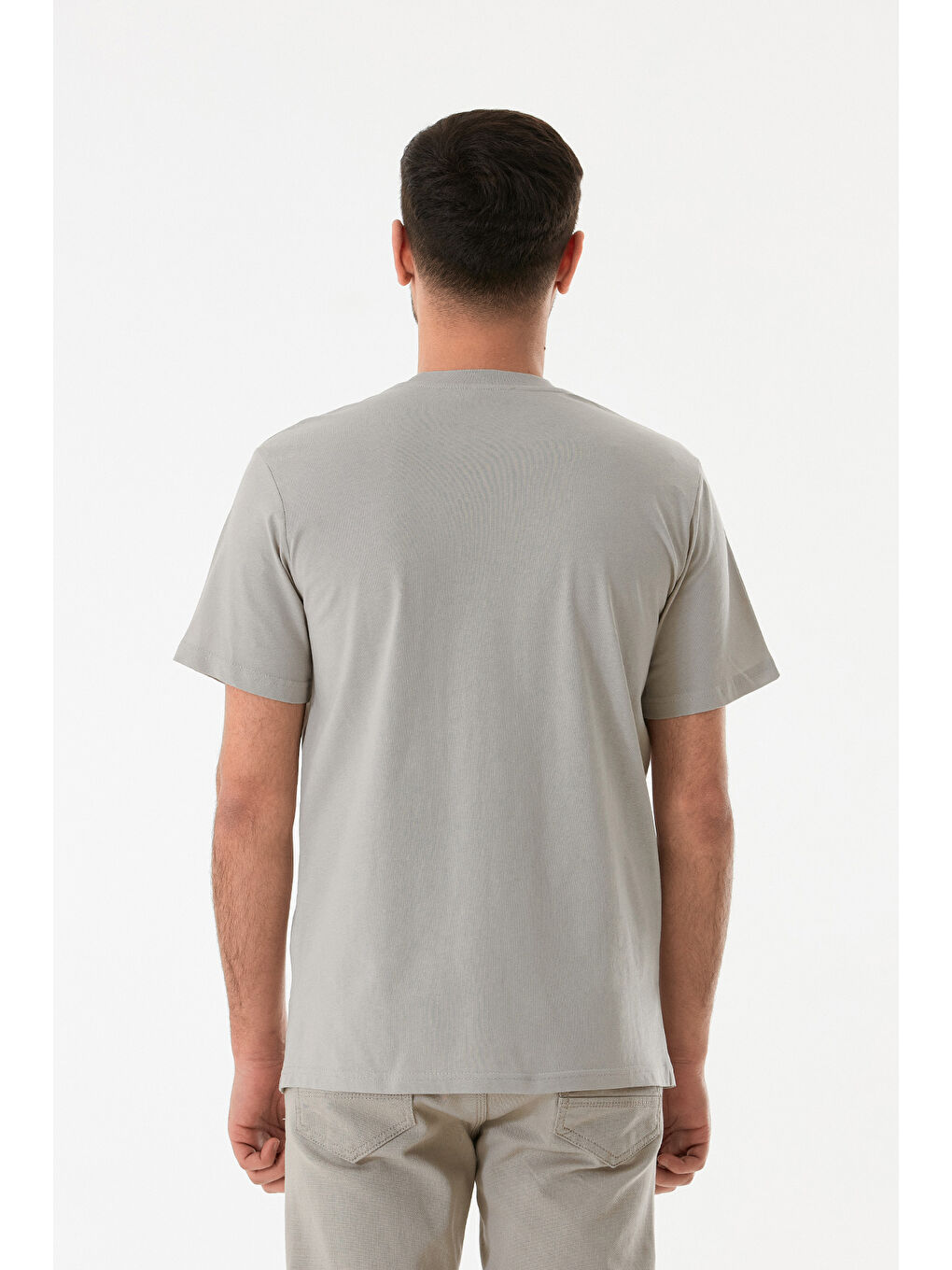 Gri Kuş Baskılı Bisiklet Yaka Tişört-2