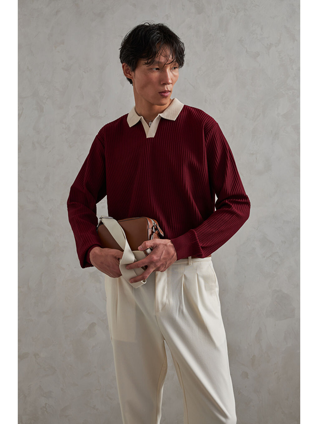 Bordo Erkek Polo Yaka Nopeli Oversize Triko Kazak-1