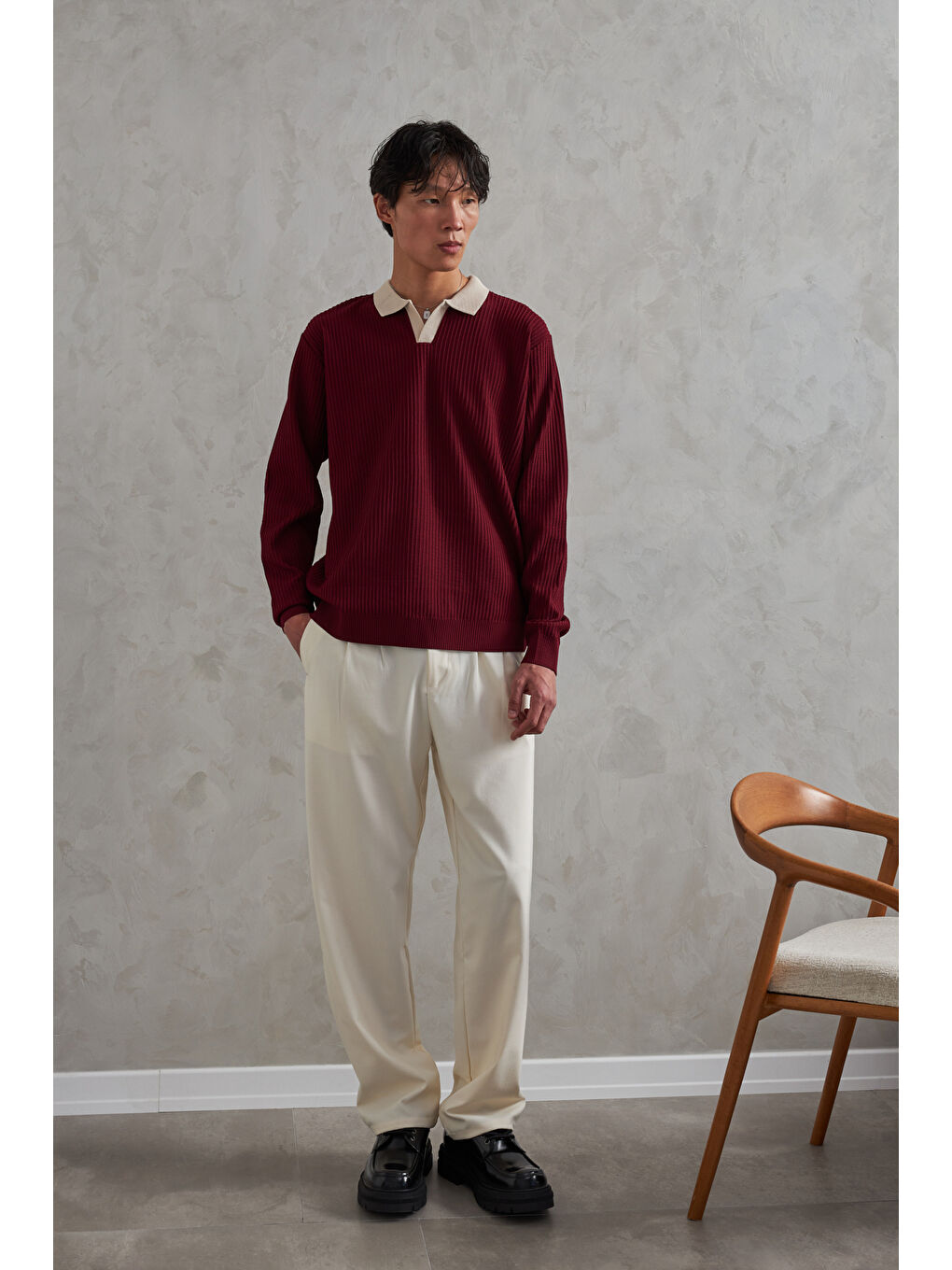 Bordo Erkek Polo Yaka Nopeli Oversize Triko Kazak-2