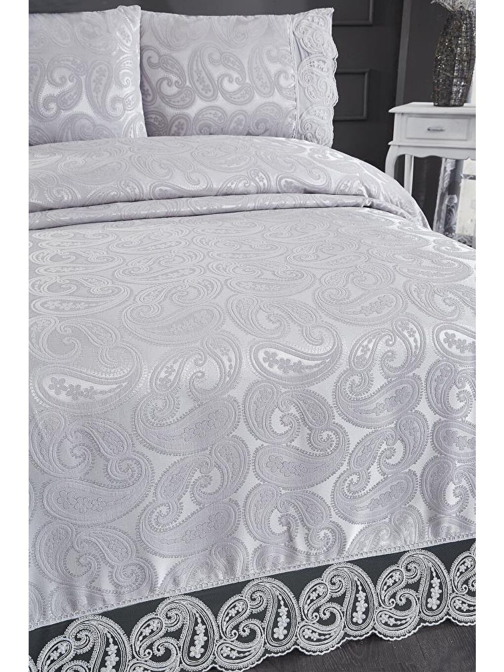 Şal 3 Parça Çift Kişilik Yatak Örtüsü Gri-2