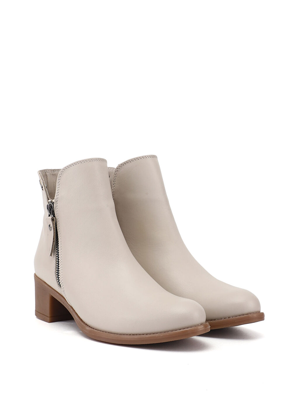 Bej Kadın AÇIK BEJ Çift Fermuarlı Kalın Topuklu Hakiki Deri Bot-2