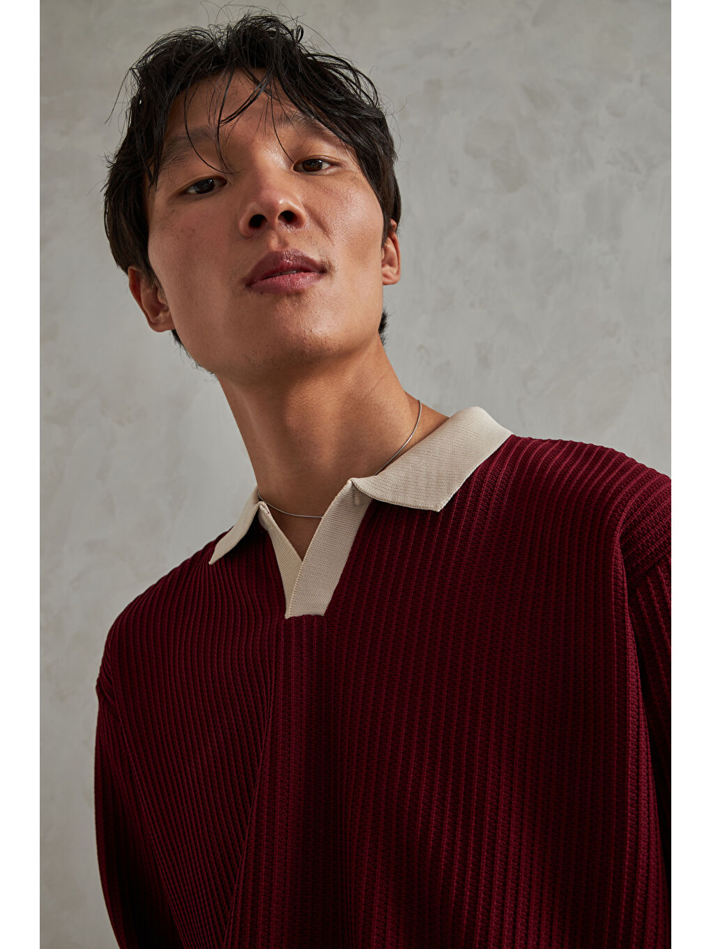 Bordo Erkek Polo Yaka Nopeli Oversize Triko Kazak-3