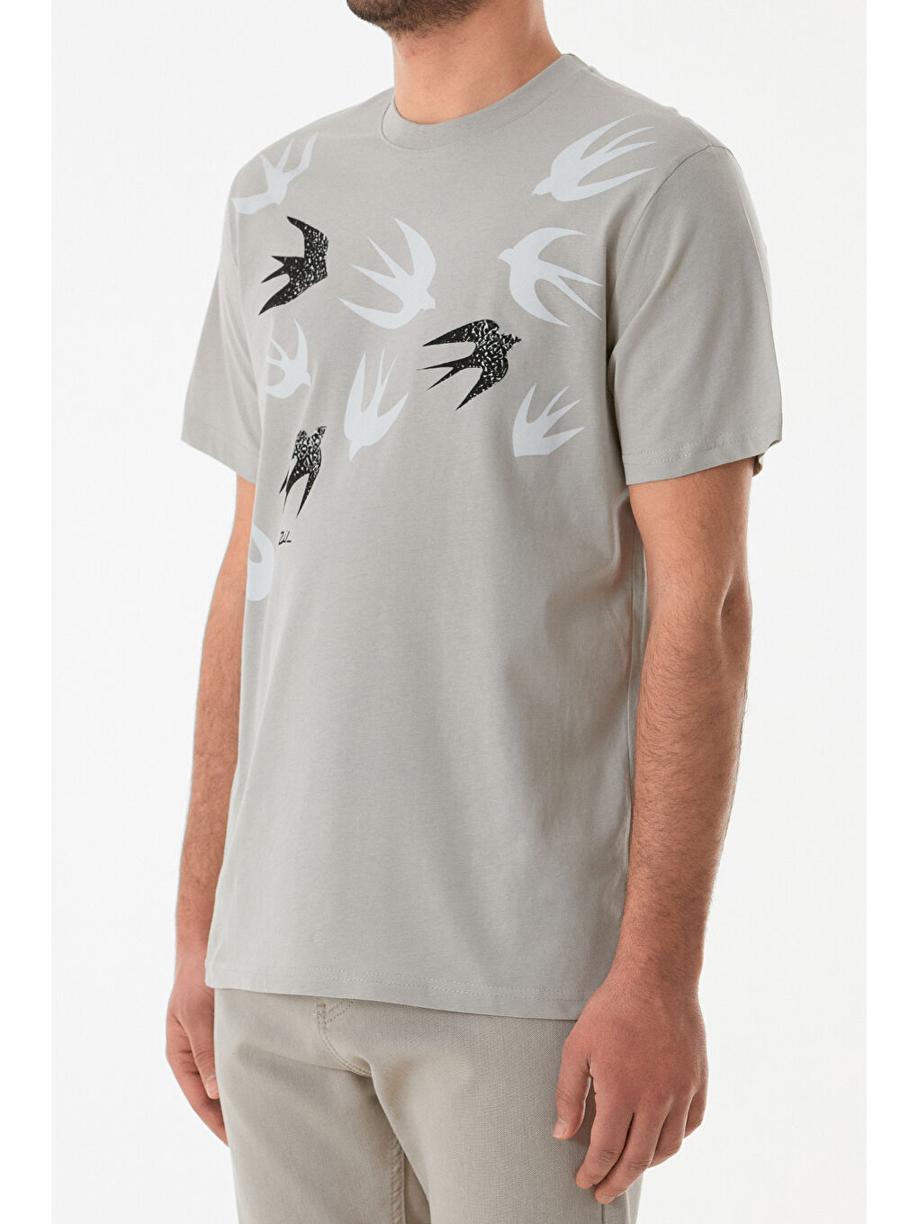 Gri Kuş Baskılı Bisiklet Yaka Tişört-3