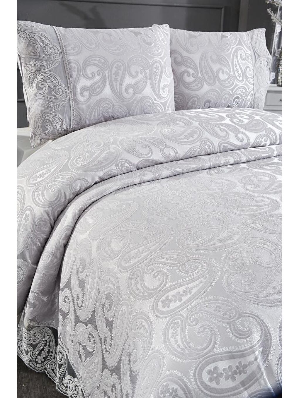 Şal 3 Parça Çift Kişilik Yatak Örtüsü Gri-3