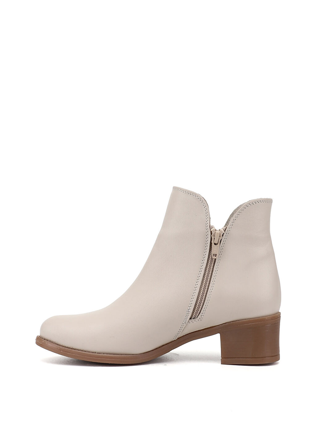 Bej Kadın AÇIK BEJ Çift Fermuarlı Kalın Topuklu Hakiki Deri Bot-3