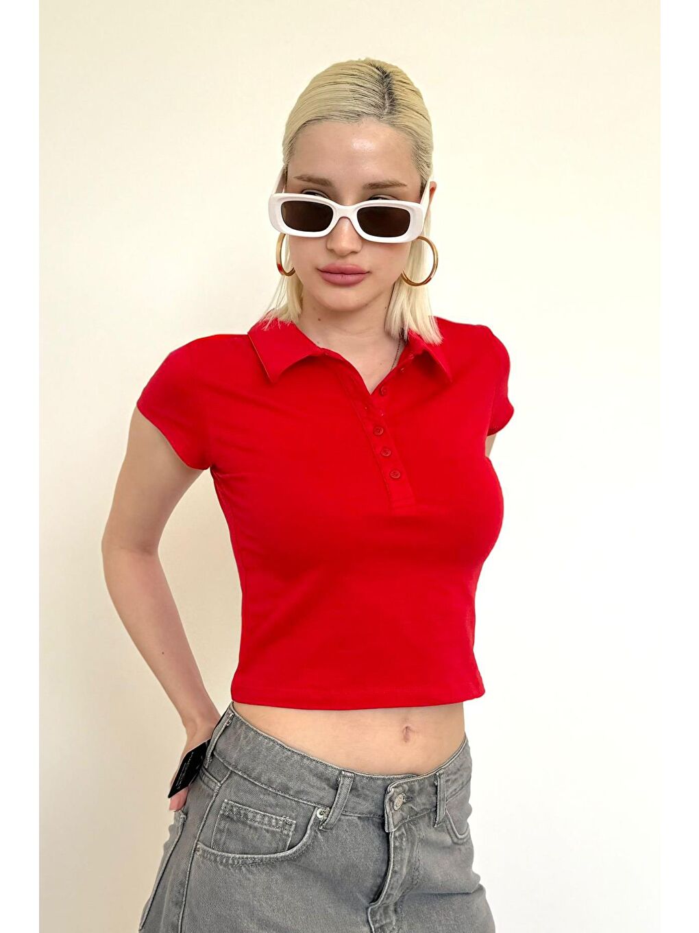 Kırmızı Polo Yaka Basic Kadın Tişört Mg2455-3