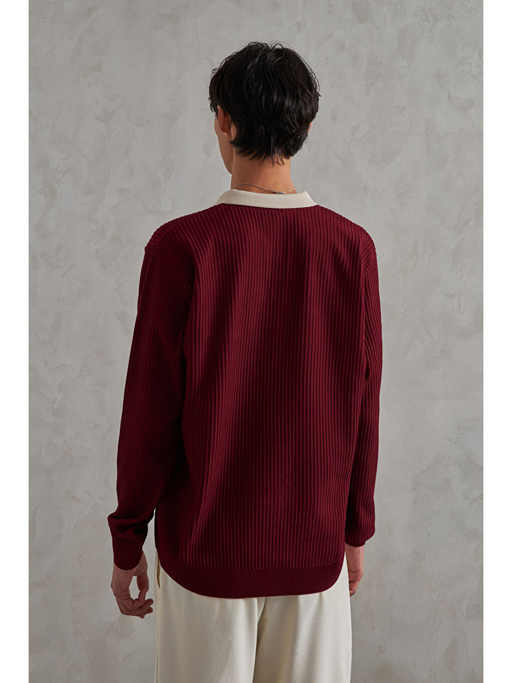 Bordo Erkek Polo Yaka Nopeli Oversize Triko Kazak-4