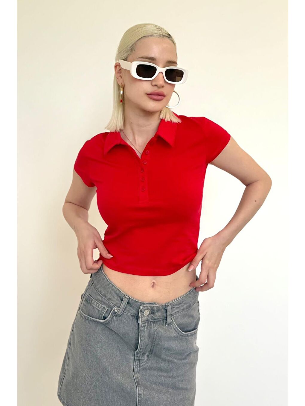 Kırmızı Polo Yaka Basic Kadın Tişört Mg2455-4
