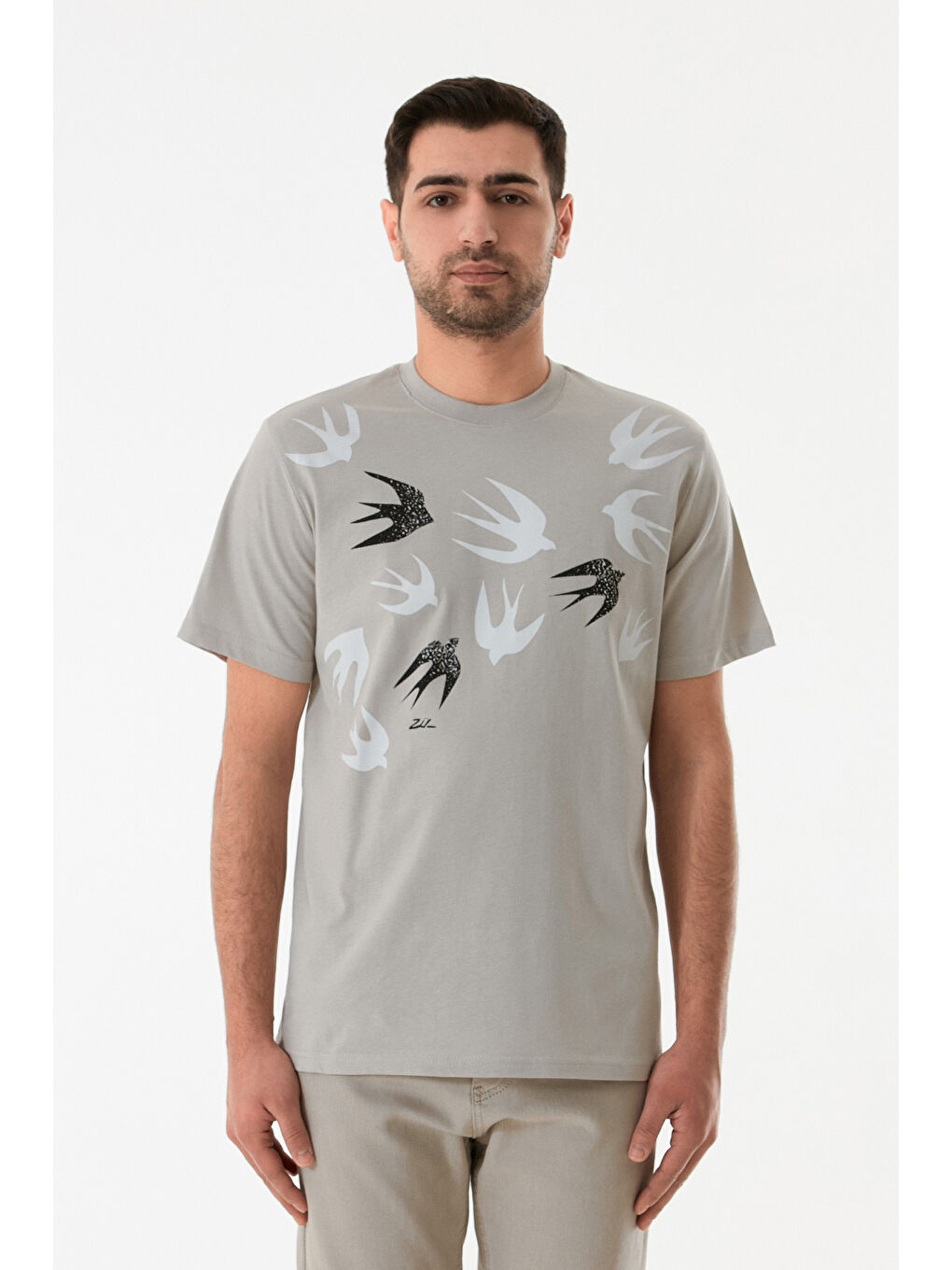 Gri Kuş Baskılı Bisiklet Yaka Tişört-4