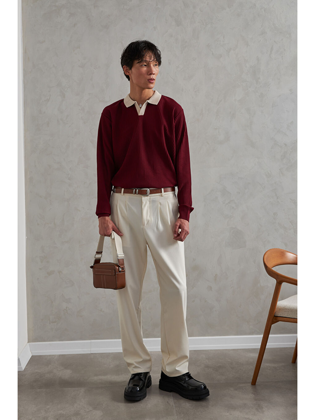 Bordo Erkek Polo Yaka Nopeli Oversize Triko Kazak-5