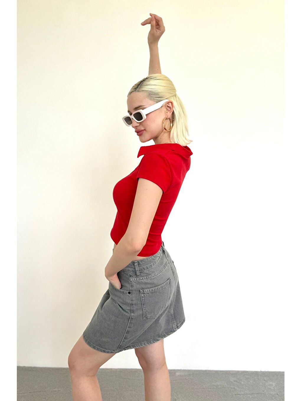 Kırmızı Polo Yaka Basic Kadın Tişört Mg2455-5