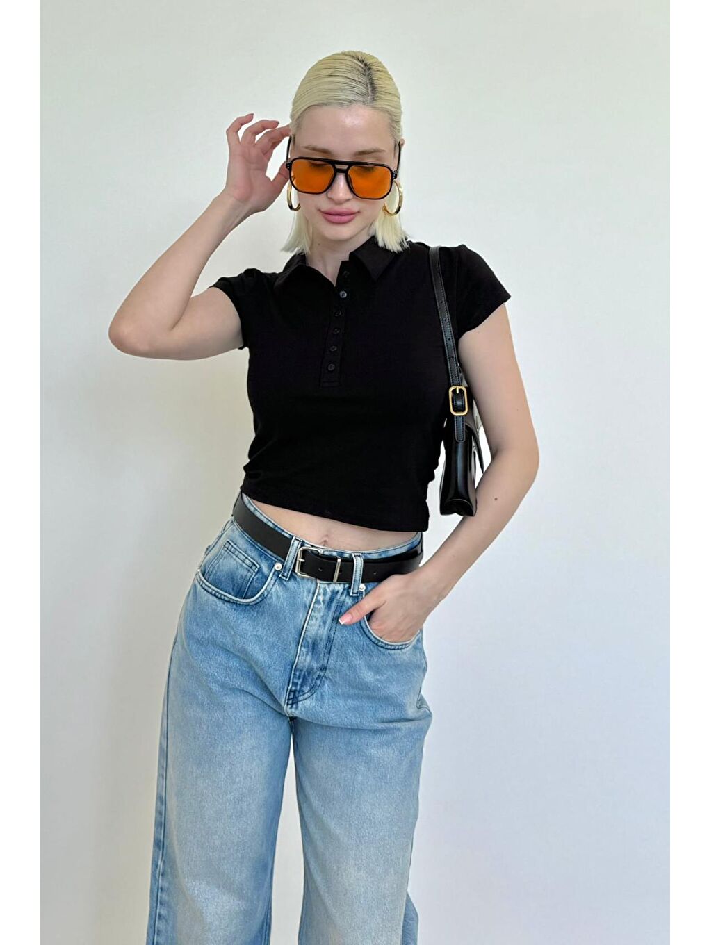 Siyah Polo Yaka Basic Kadın Tişört Mg2455