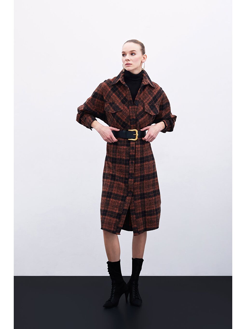 Kahverengi Ekose Desenli Uzun Gömlek - Kiremit-1