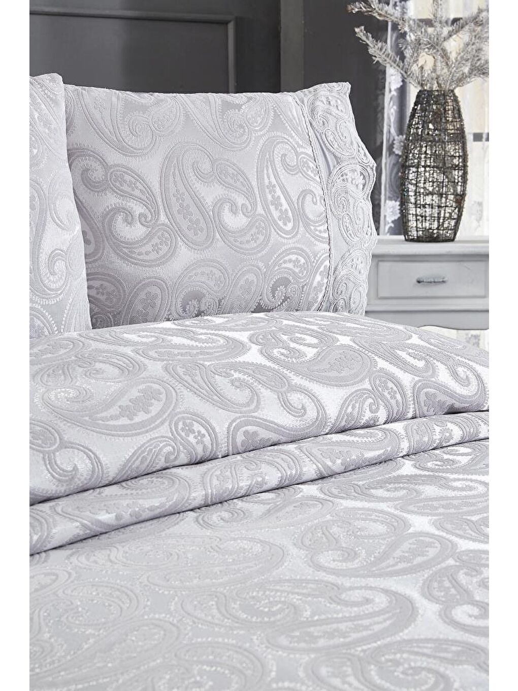 Şal 3 Parça Çift Kişilik Yatak Örtüsü Gri-5