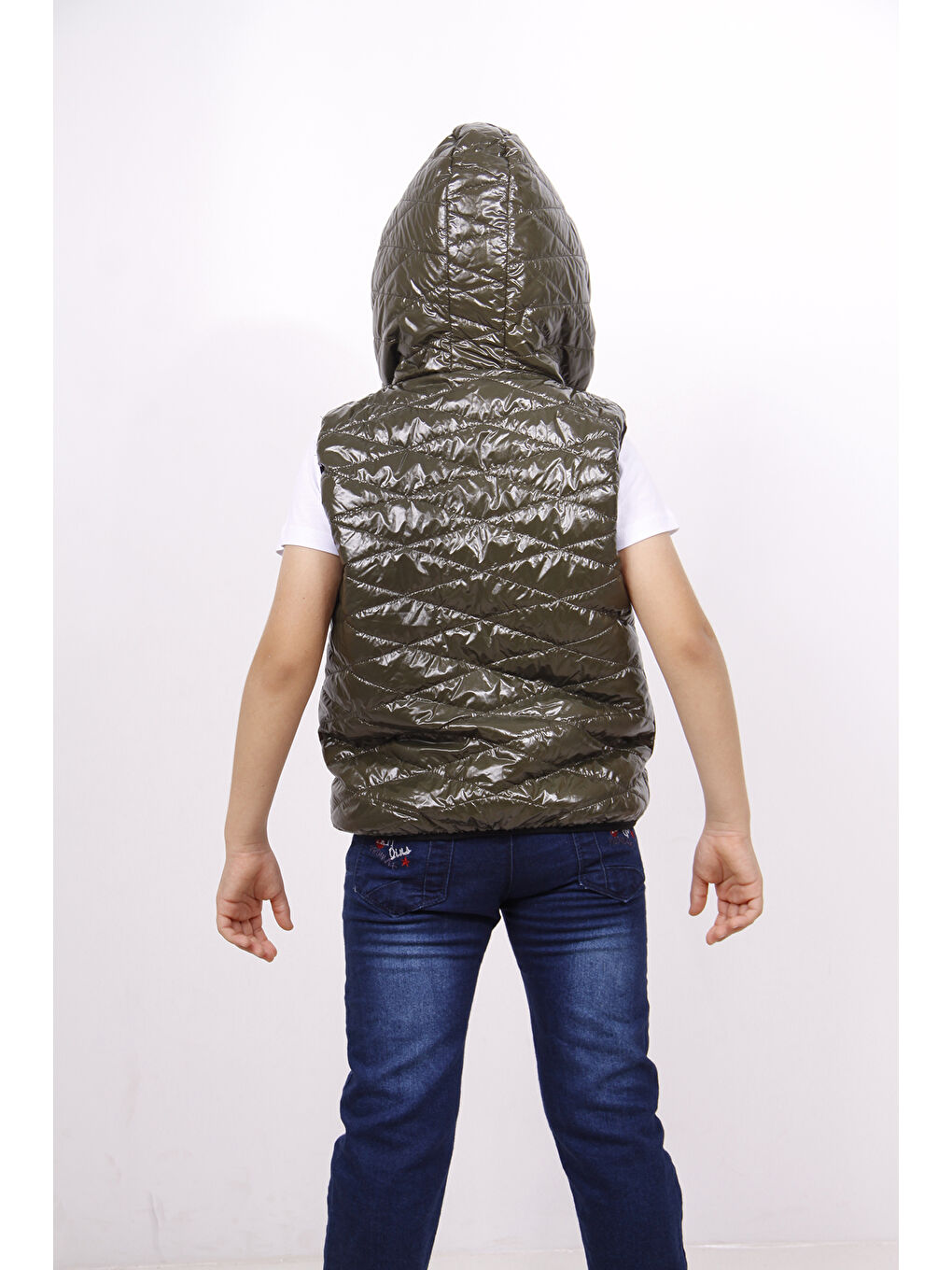 Haki Erkek Çocuk Kapüşonlu Parlak Yelek-1