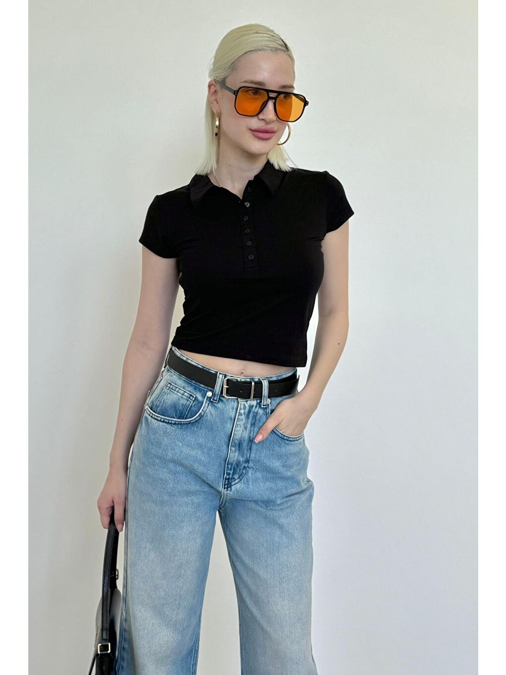 Siyah Polo Yaka Basic Kadın Tişört Mg2455-1