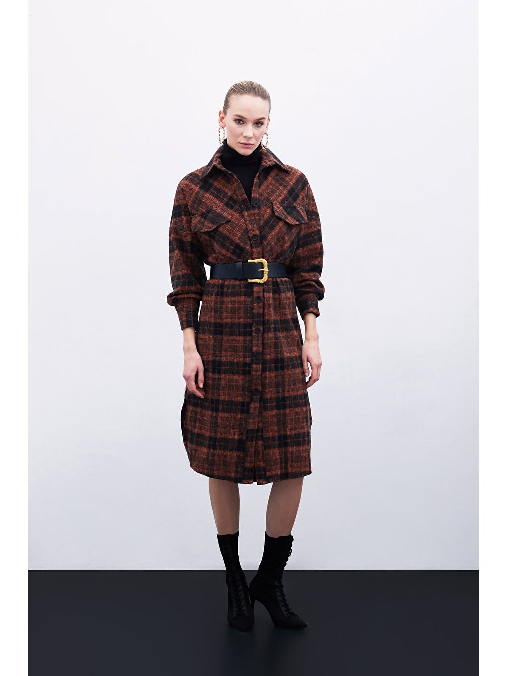 Kahverengi Ekose Desenli Uzun Gömlek - Kiremit-2