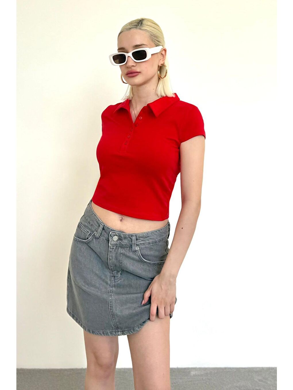 Kırmızı Polo Yaka Basic Kadın Tişört Mg2455-6