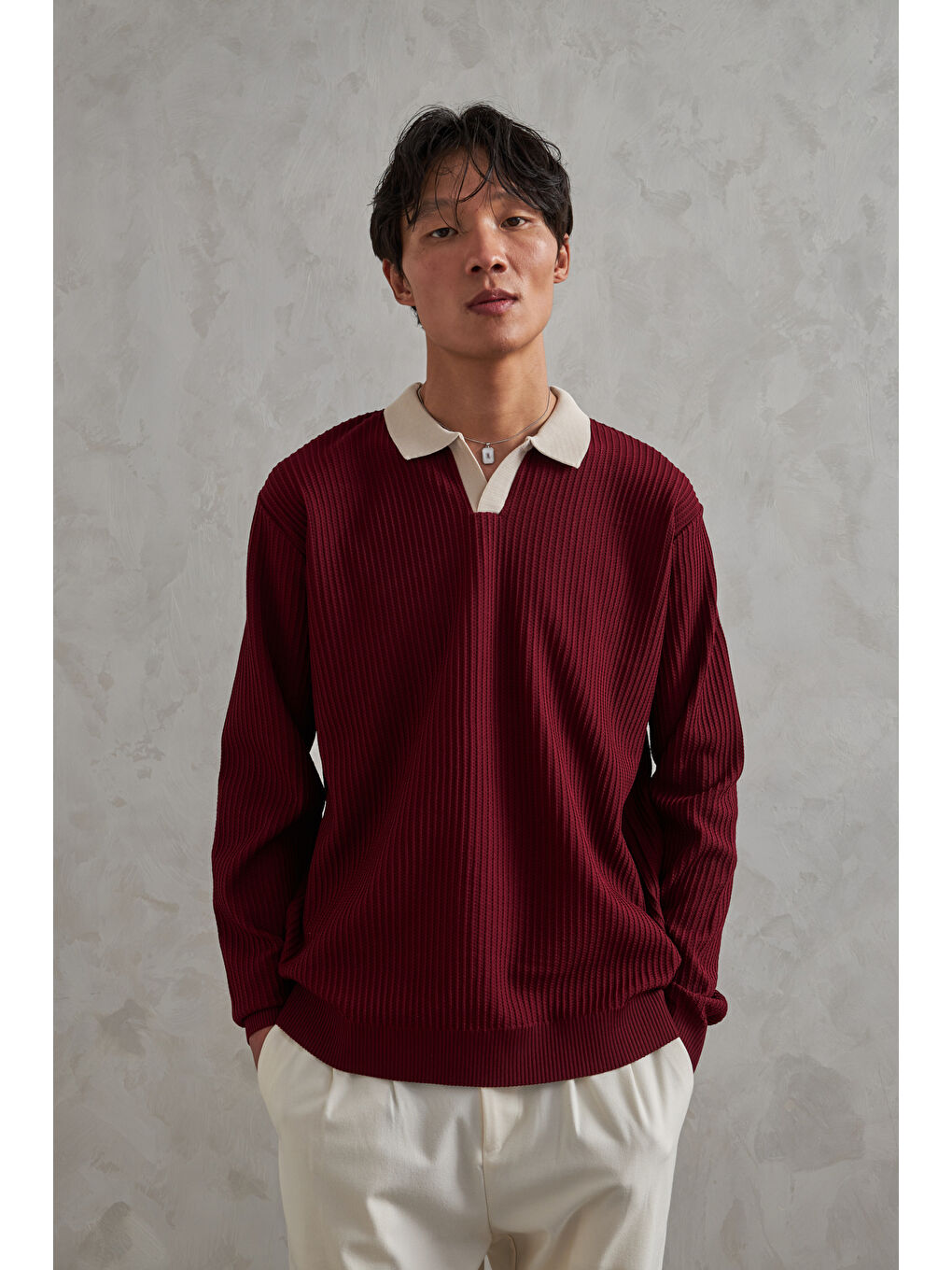 Bordo Erkek Polo Yaka Nopeli Oversize Triko Kazak-6