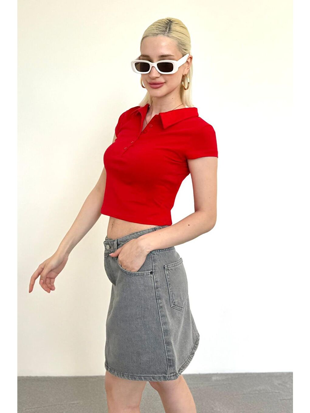 Kırmızı Polo Yaka Basic Kadın Tişört Mg2455-7