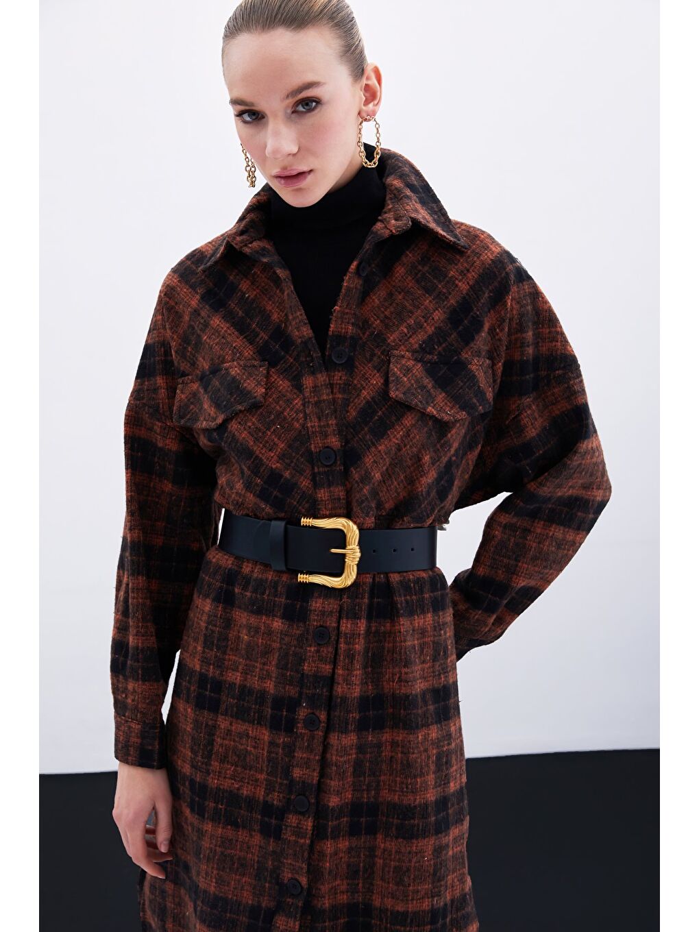 Kahverengi Ekose Desenli Uzun Gömlek - Kiremit-4