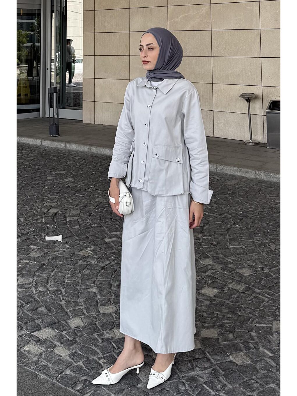 Cep Detaylı İkili Etek Tesettür Takım Gri