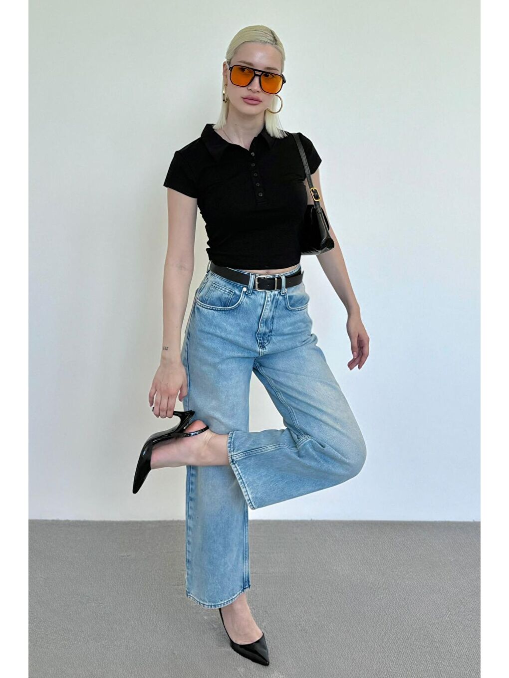 Siyah Polo Yaka Basic Kadın Tişört Mg2455-3