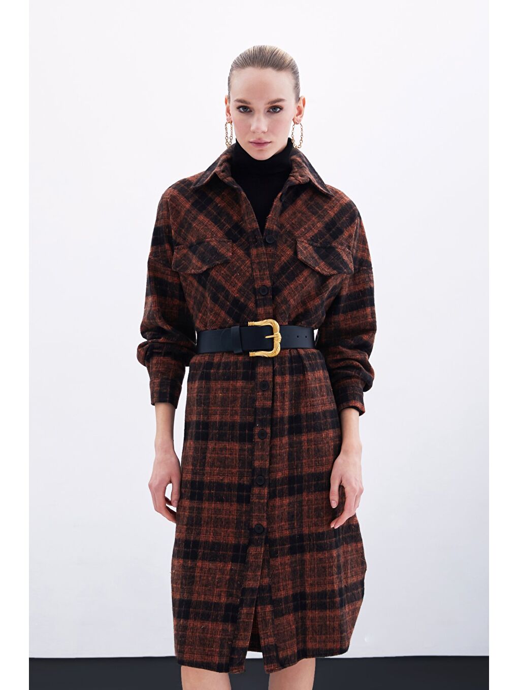 Kahverengi Ekose Desenli Uzun Gömlek - Kiremit-5