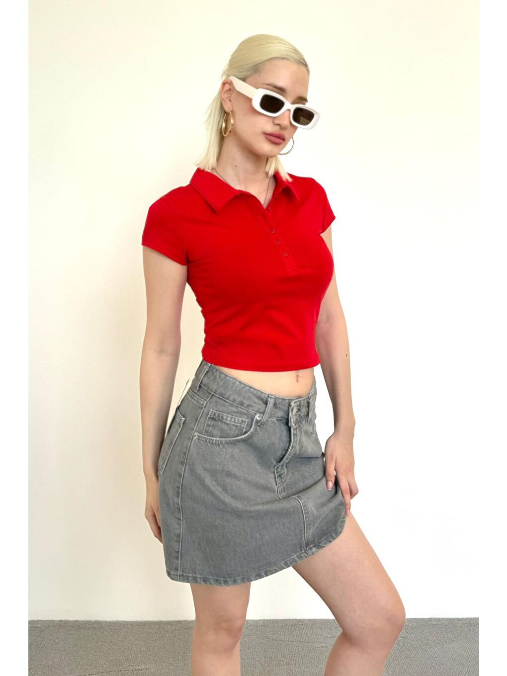 Kırmızı Polo Yaka Basic Kadın Tişört Mg2455-8