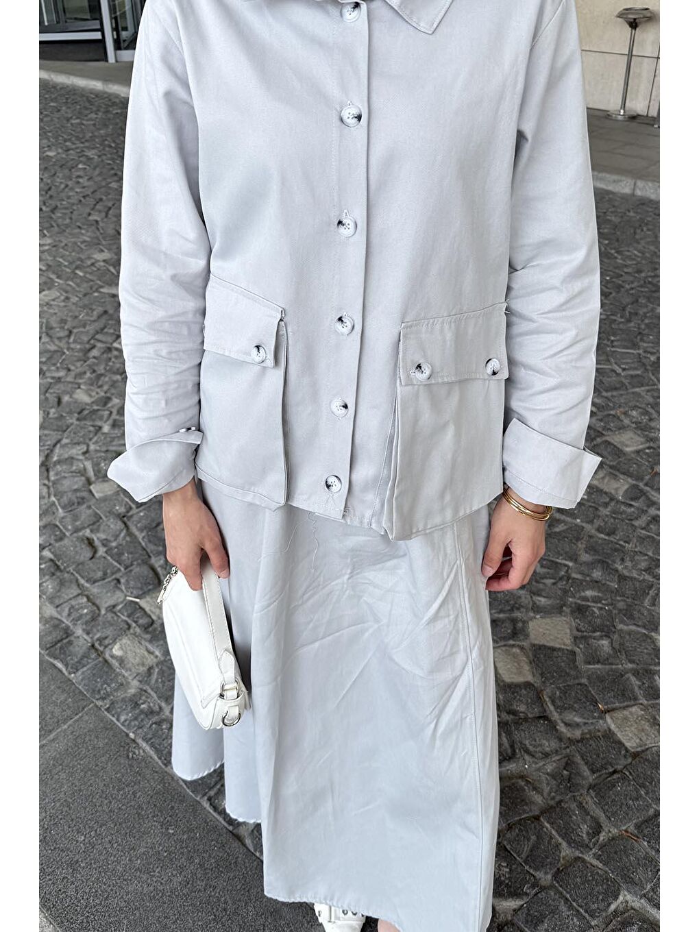 Cep Detaylı İkili Etek Tesettür Takım Gri-1