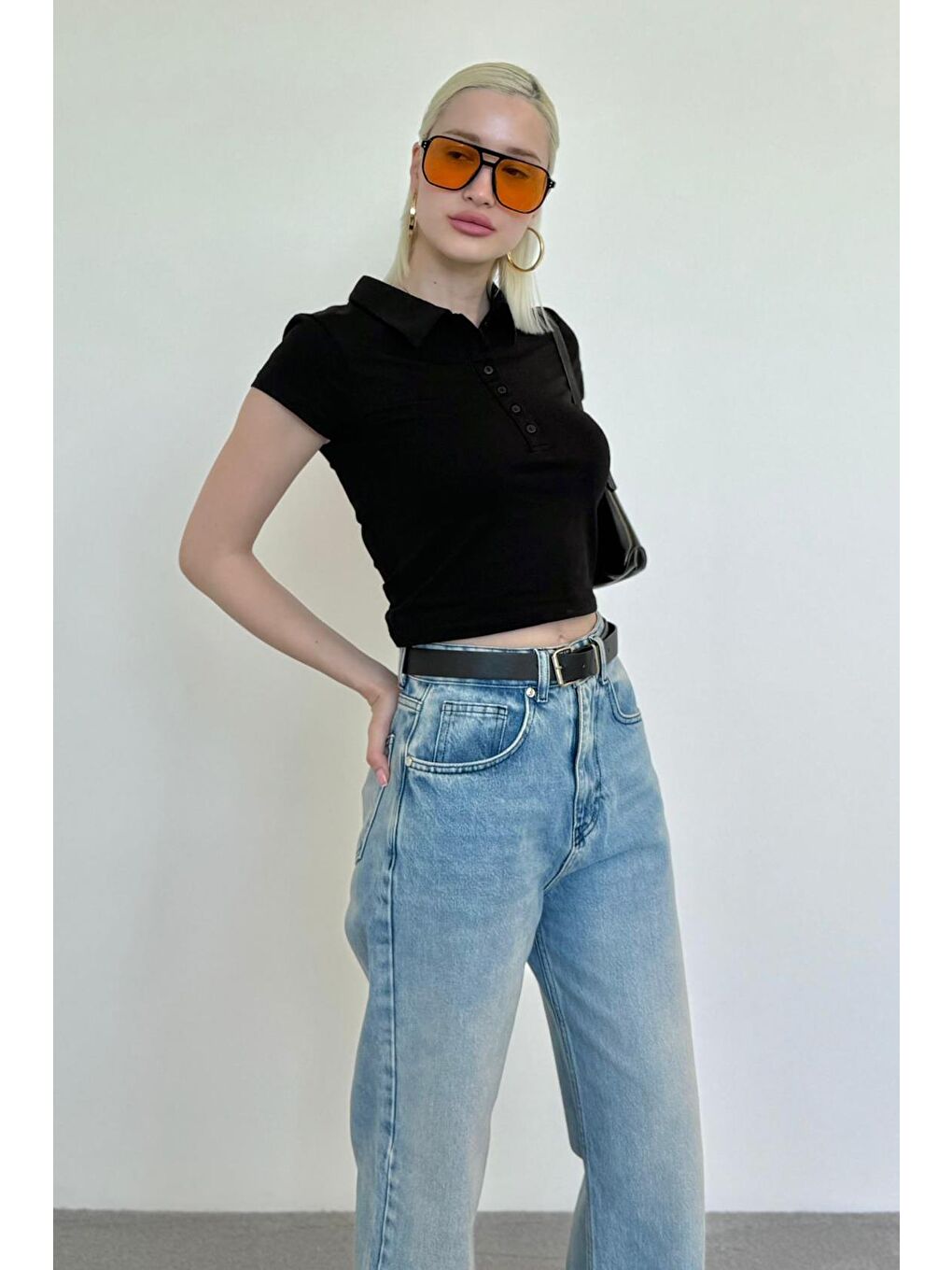 Siyah Polo Yaka Basic Kadın Tişört Mg2455-4