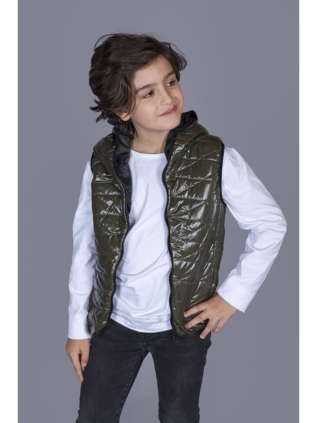 Haki Erkek Çocuk Kapüşonlu Parlak Yelek-3