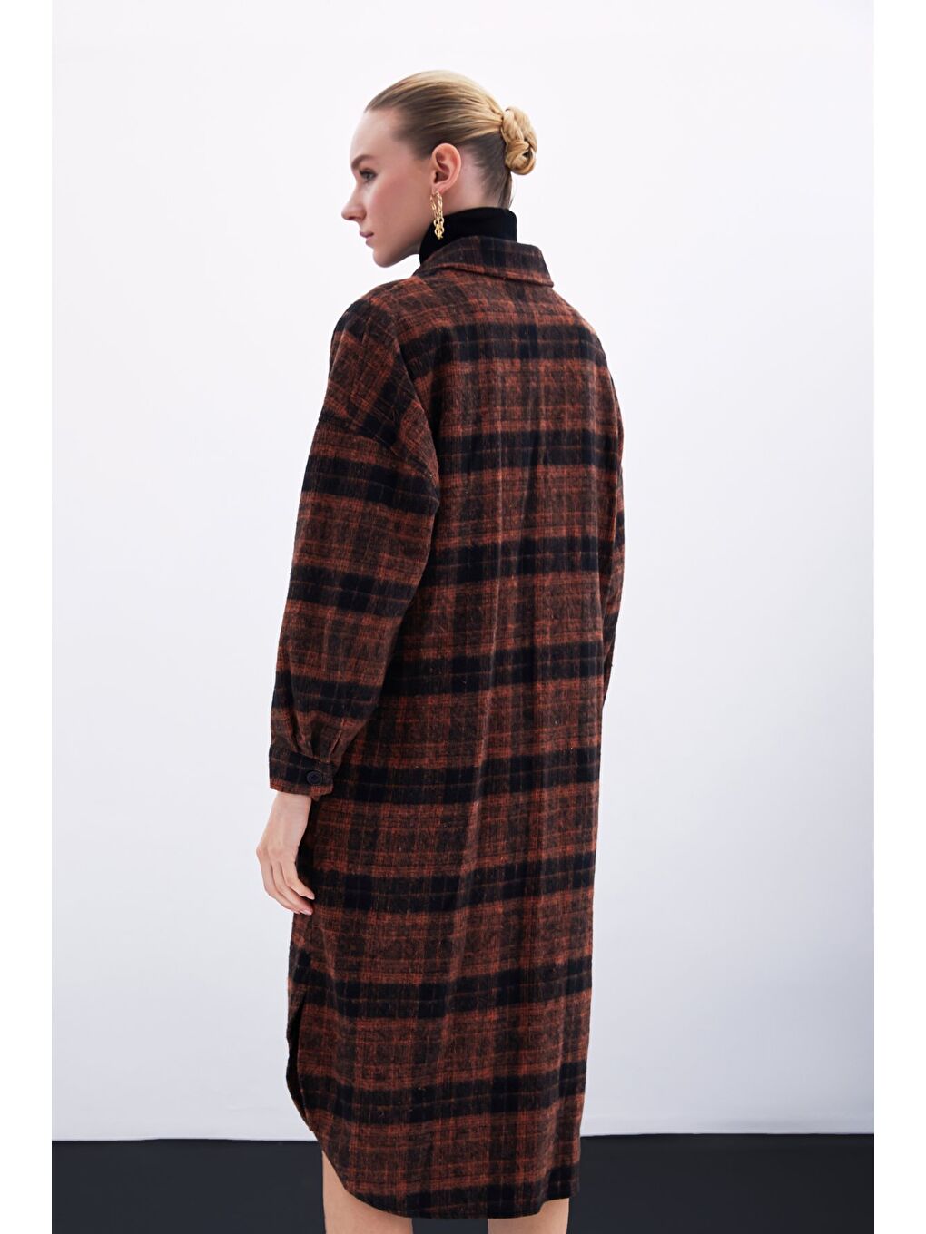 Kahverengi Ekose Desenli Uzun Gömlek - Kiremit-7