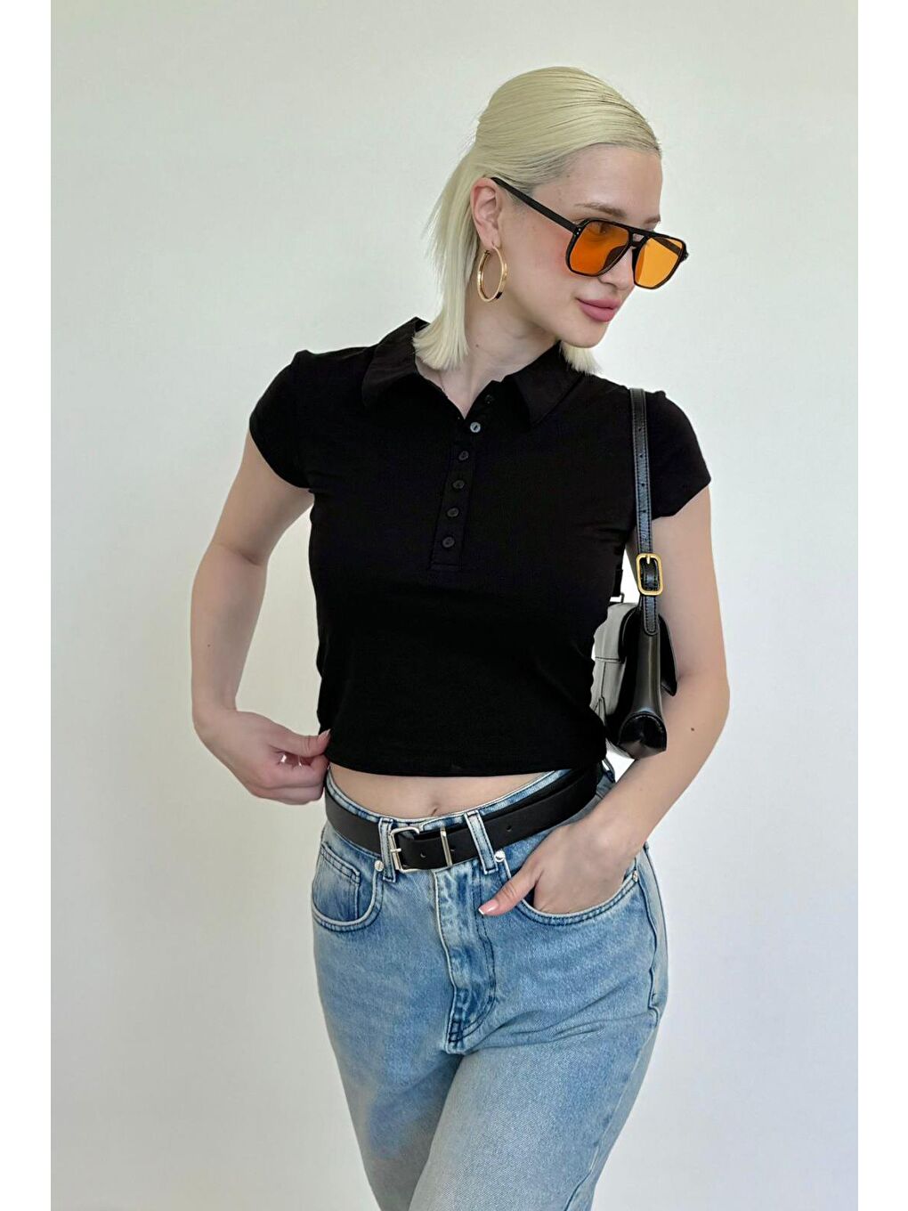 Siyah Polo Yaka Basic Kadın Tişört Mg2455-6