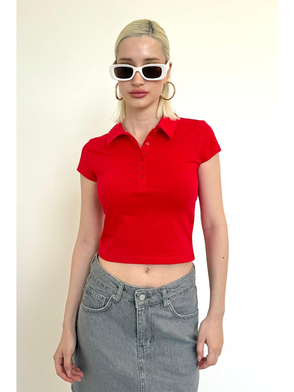Kırmızı Polo Yaka Basic Kadın Tişört Mg2455-10