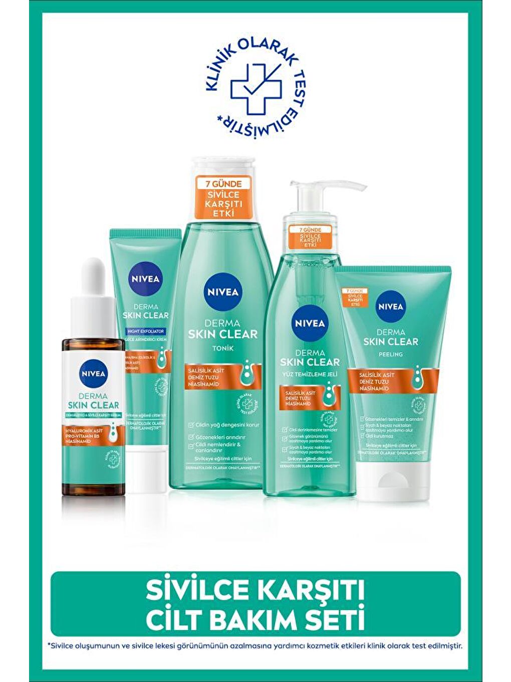 NIVEA Derma Skin Clear Sivilce Karşıtı Set, Serum 30ml, Jel 150ml, Tonik 200ml, Peeling 150ml, Krem 40ml