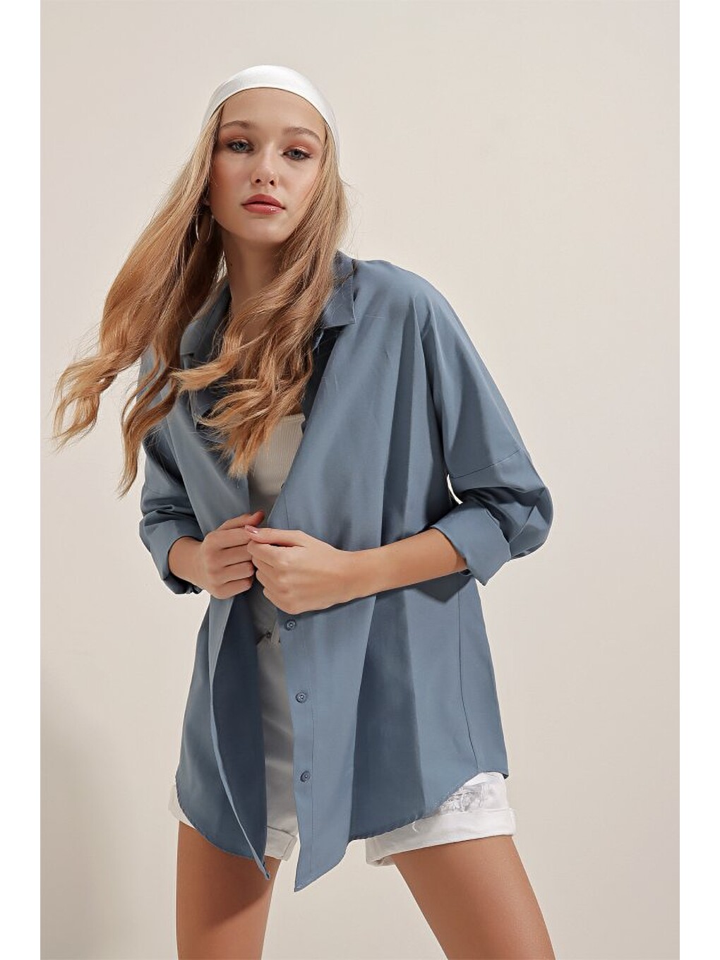 3900 Oversize Uzun Basic Gömlek - İndigo-1