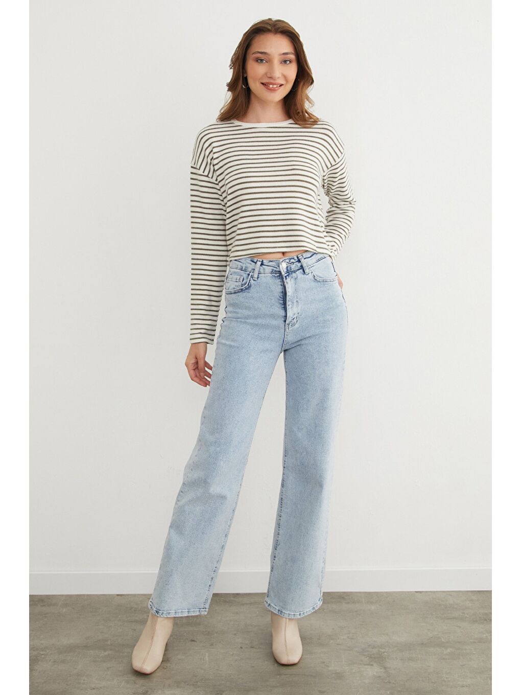 Haki Çizgili Crop İnce Triko Kazak-4