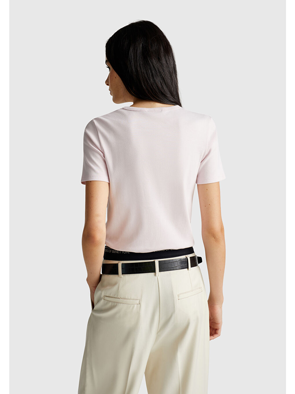 Kadın Açık Pembe %100 Pamuk Basic Kısa Kollu Bisiklet Yaka T-Shirt-2