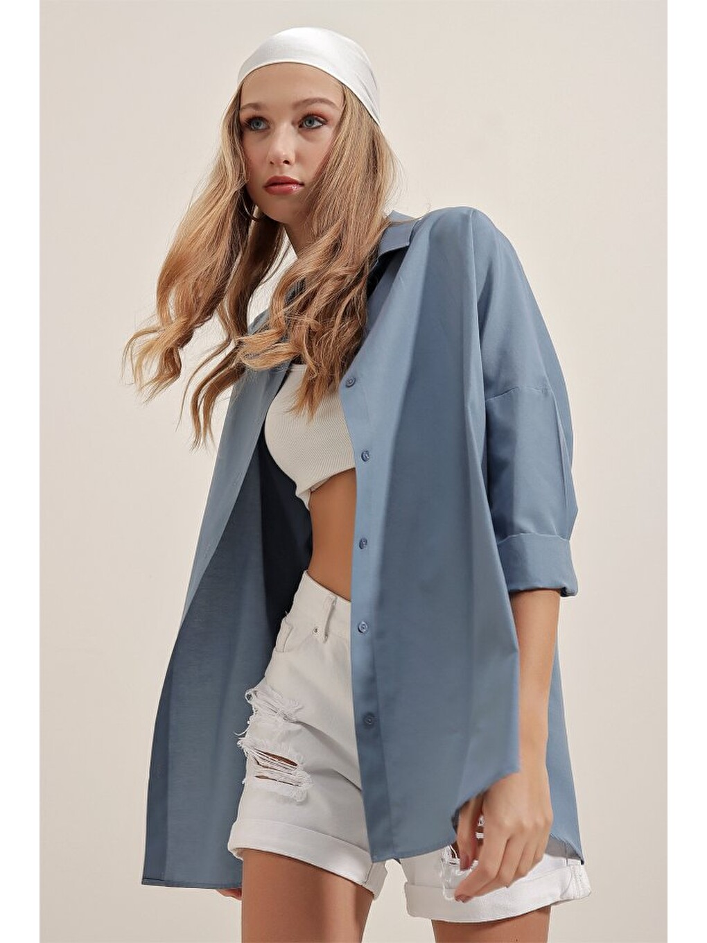 3900 Oversize Uzun Basic Gömlek - İndigo-2