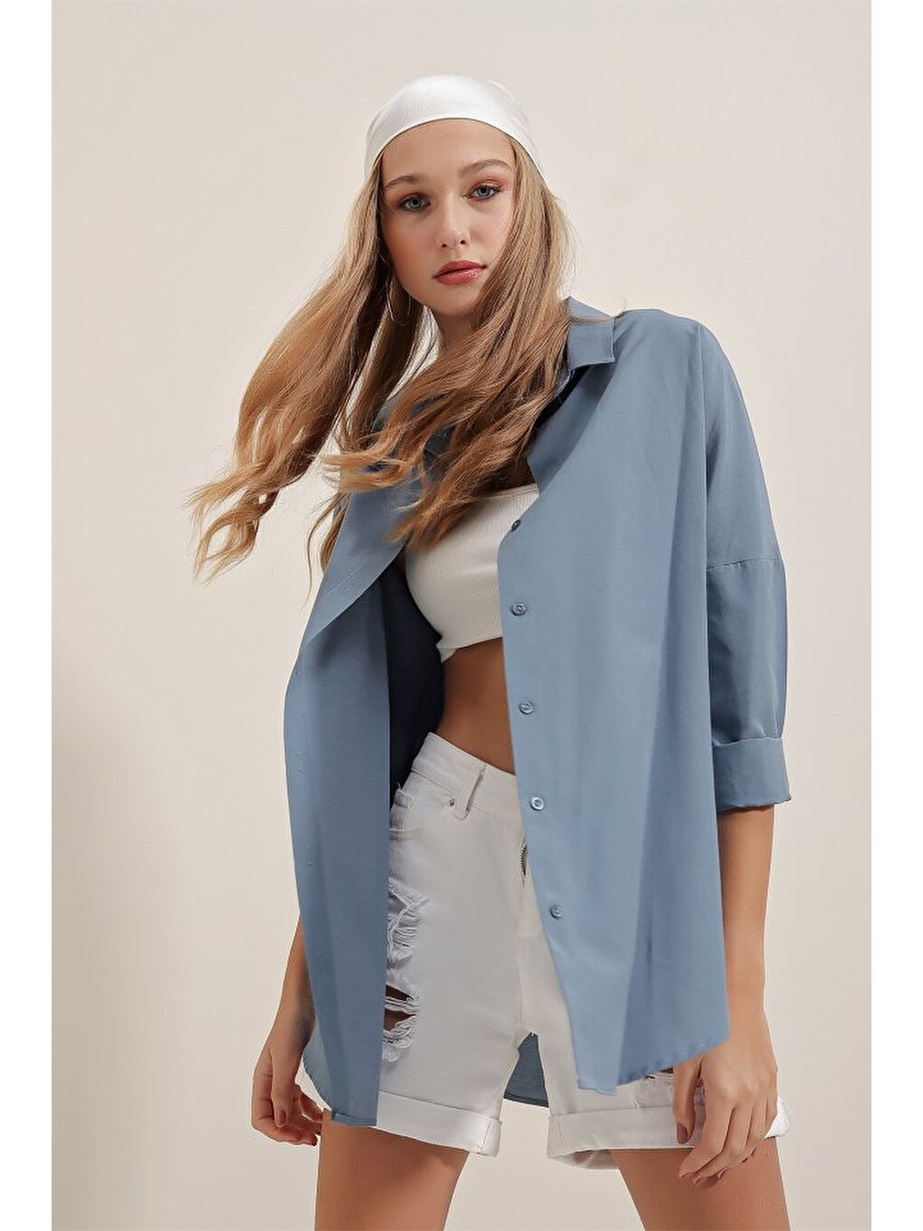 3900 Oversize Uzun Basic Gömlek - İndigo-3