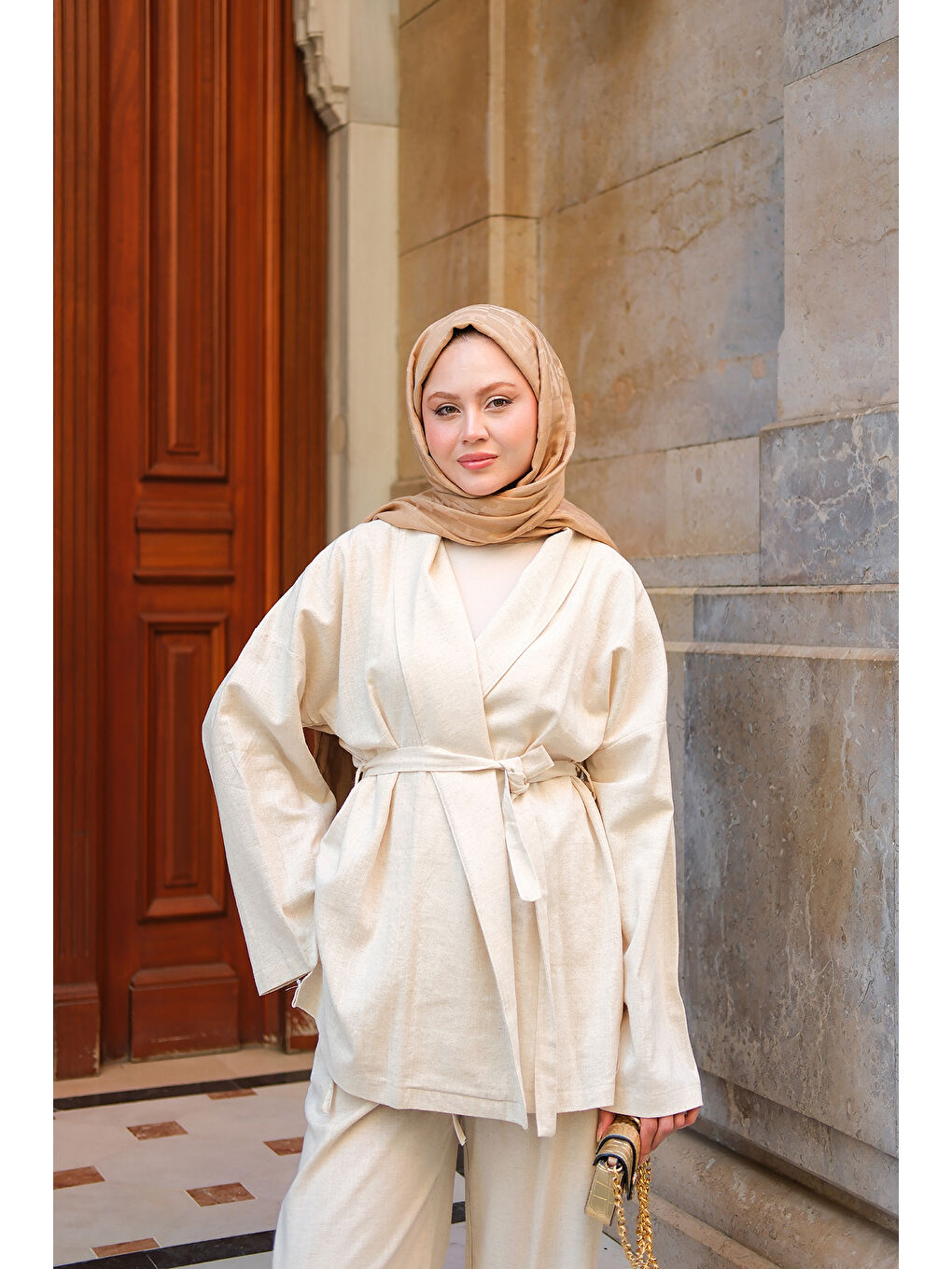 Ekru Kadın Kruvaze Yaka Keten Takım Krem-1