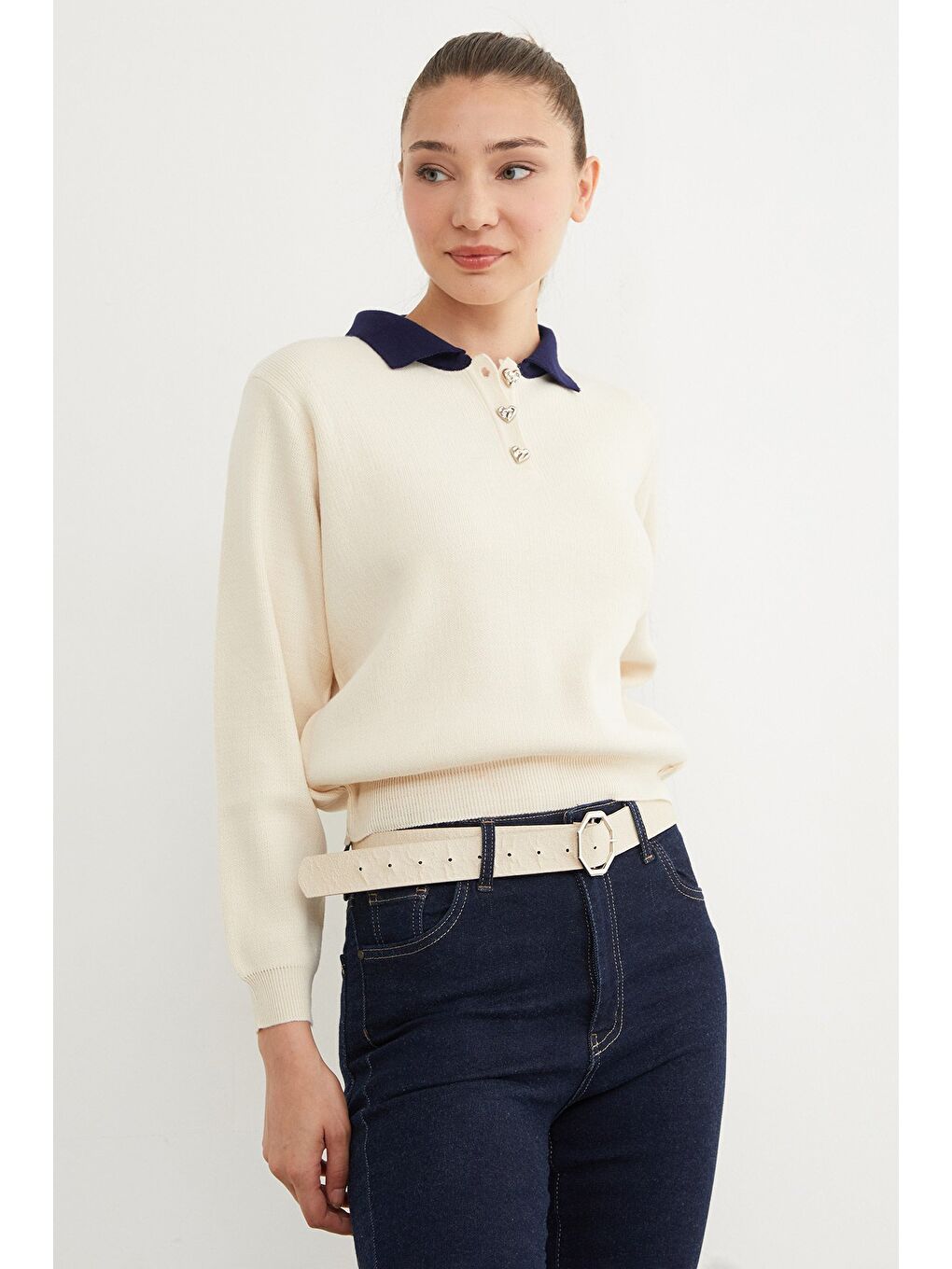 Bej Basic Gömlek Yaka Yarım Düğmeli Triko Kazak-3