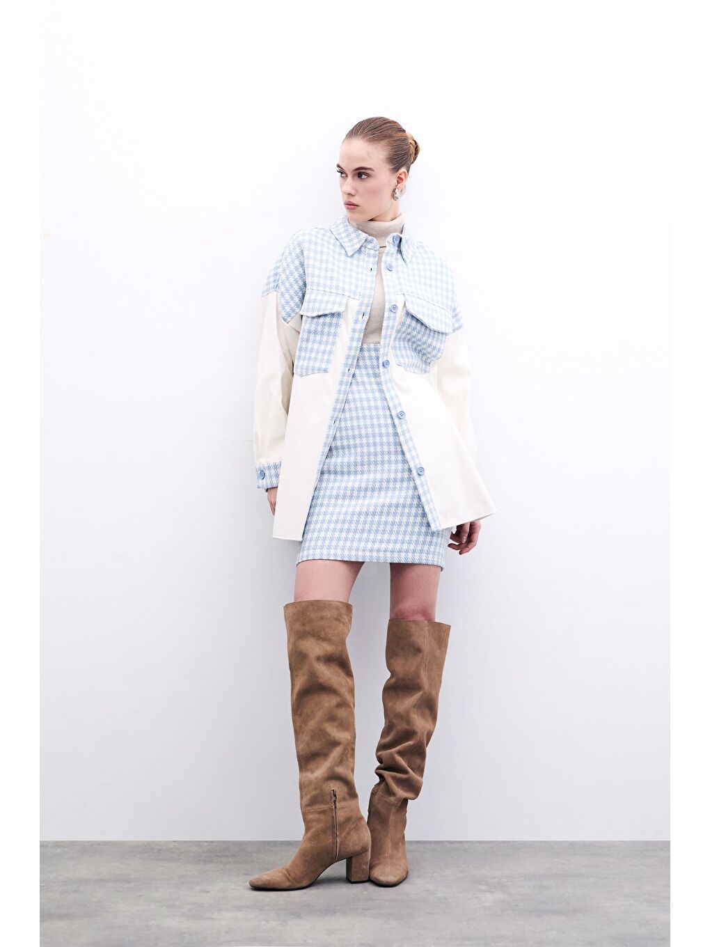 Deri Detaylı Gömlek Ceket - Ekru-Bebe Mavi-2