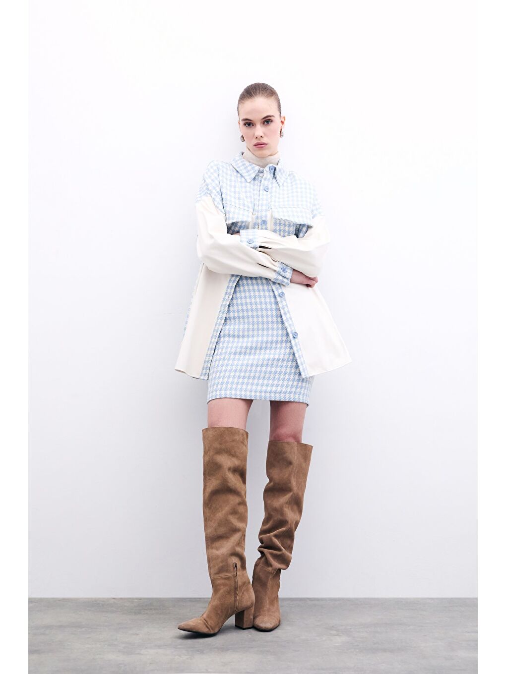 Deri Detaylı Gömlek Ceket - Ekru-Bebe Mavi-3