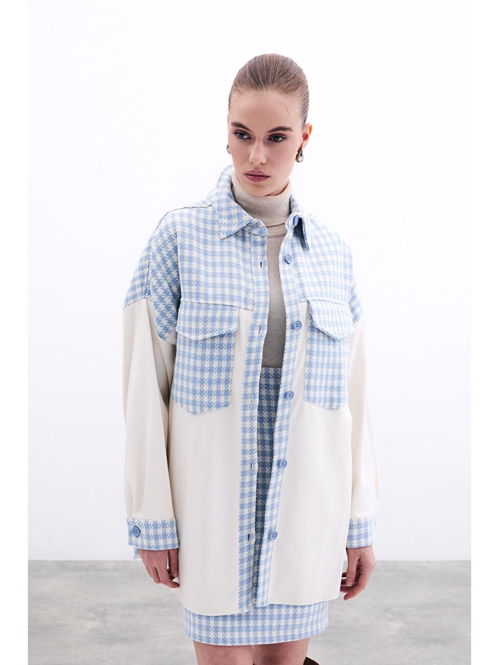 Deri Detaylı Gömlek Ceket - Ekru-Bebe Mavi-4